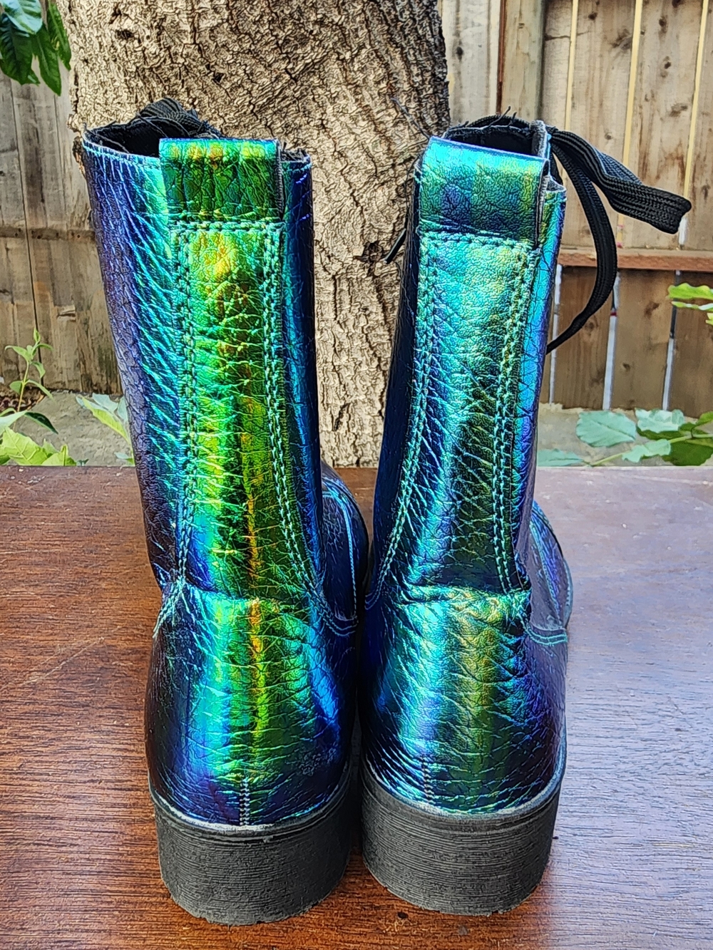 Vintage N.Y.L.A. Iridescent Metallic Oil Slick Combat Boots Blue Green [8] - Picture 5 of 10